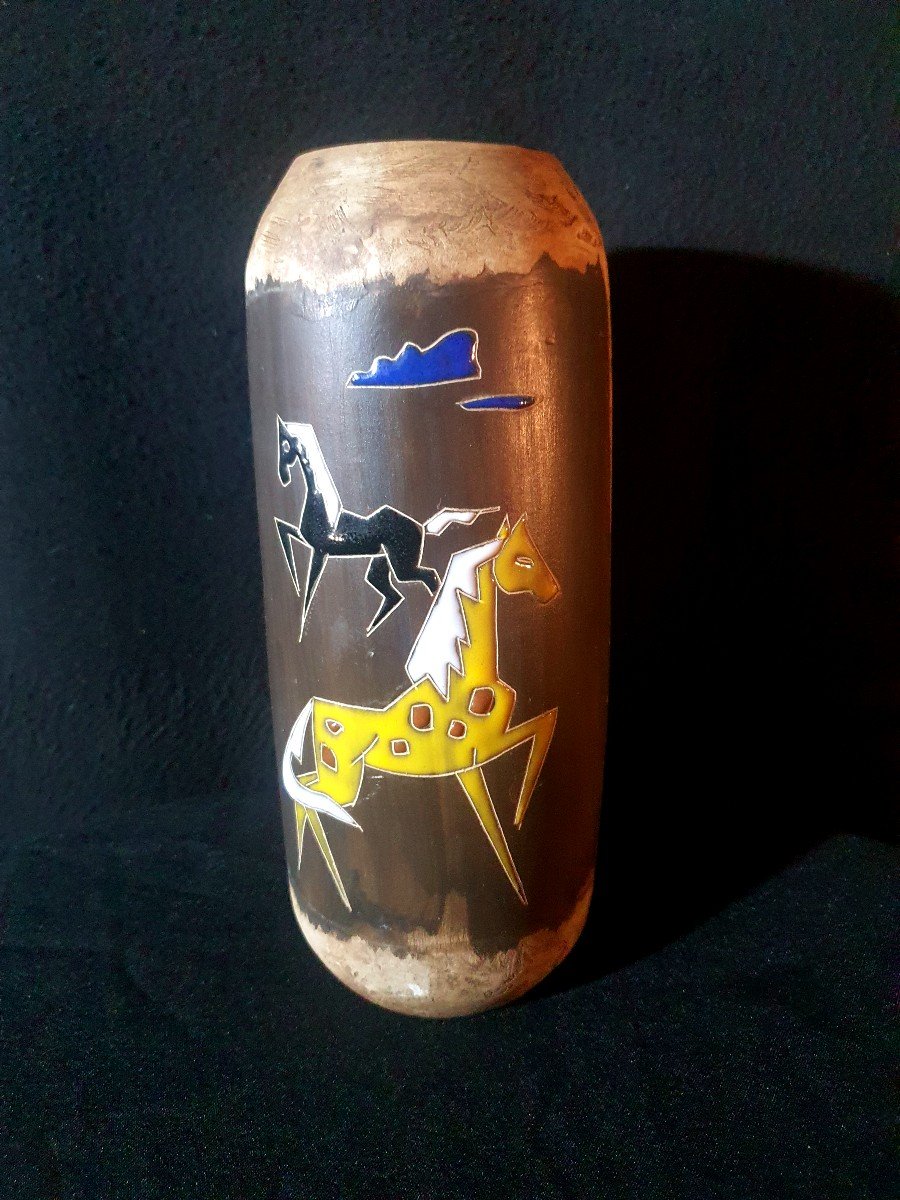 Vintage Ceramic Vase 50s 60s Horses Italy Or Vallauris. 