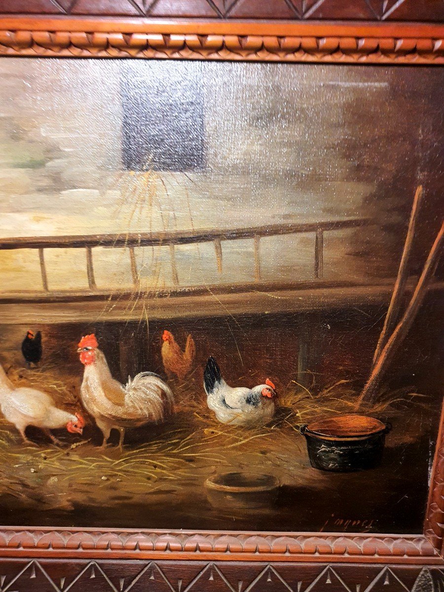 Painting Of A Farmyard, Chickens, 19th Century, Charles Jacques.-photo-3