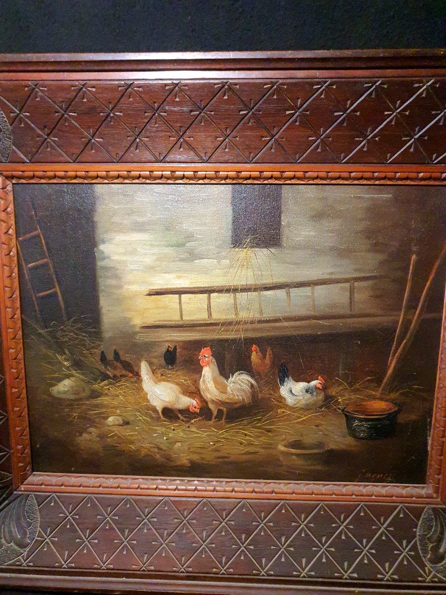 Painting Of A Farmyard, Chickens, 19th Century, Charles Jacques.-photo-4