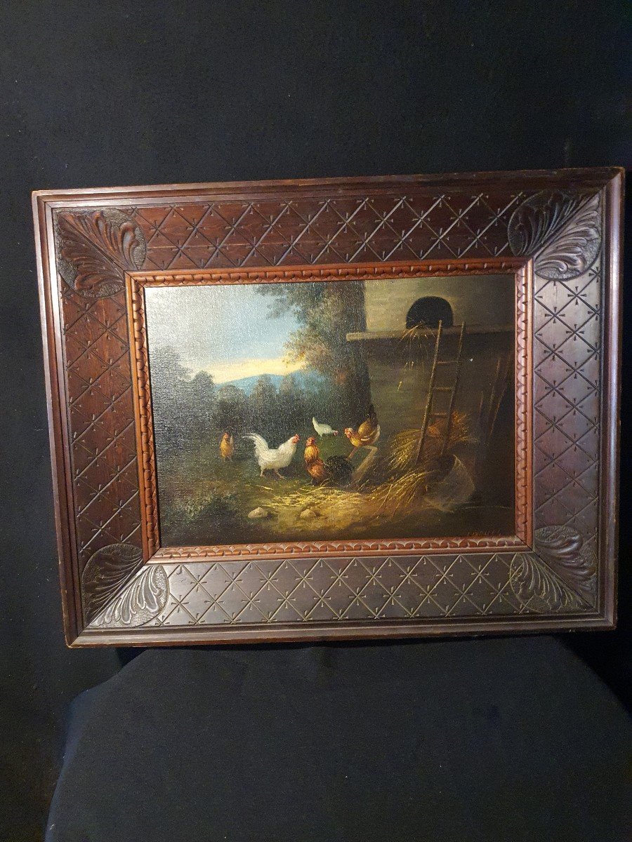 Painting Of A Farmyard, Chickens, 19th Century, Charles Jacques.-photo-2