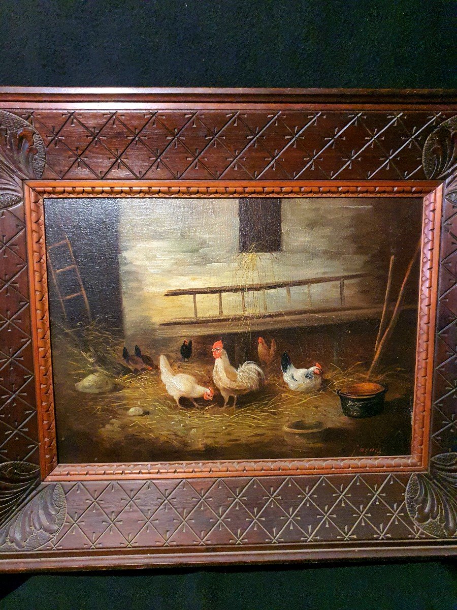 Painting Of A Farmyard, Chickens, 19th Century, Charles Jacques.