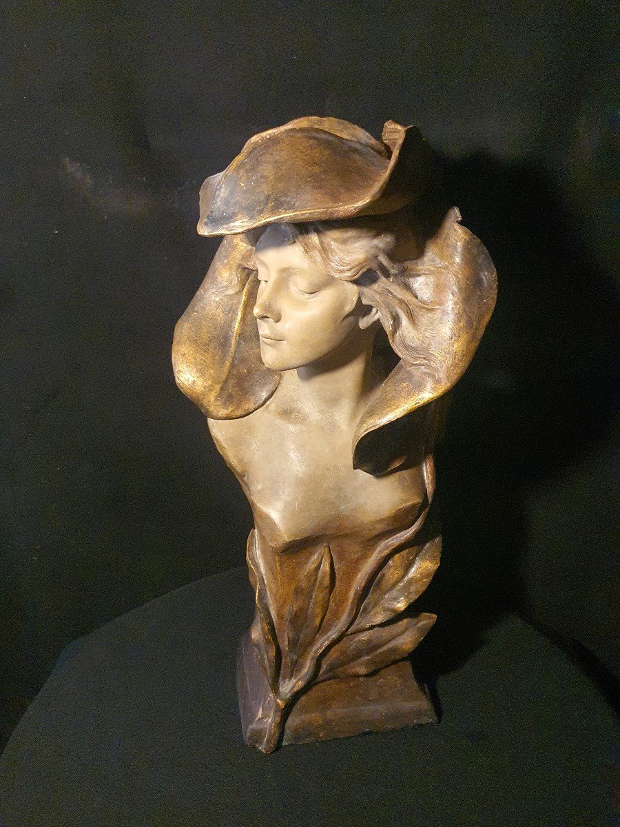 Buste Art Nouveau Femme Fleur Simon Montenave,Goldscheider.-photo-2