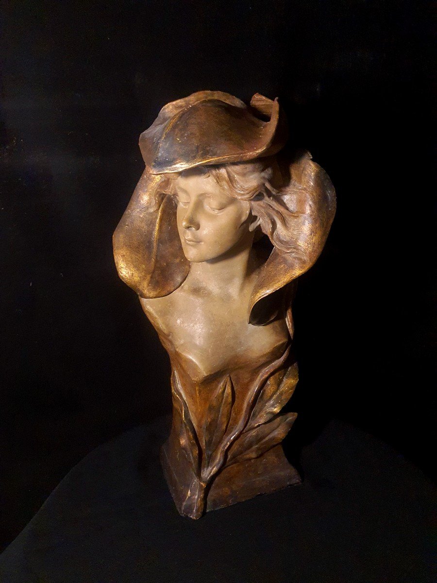 Buste Art Nouveau Femme Fleur Simon Montenave,Goldscheider.-photo-3