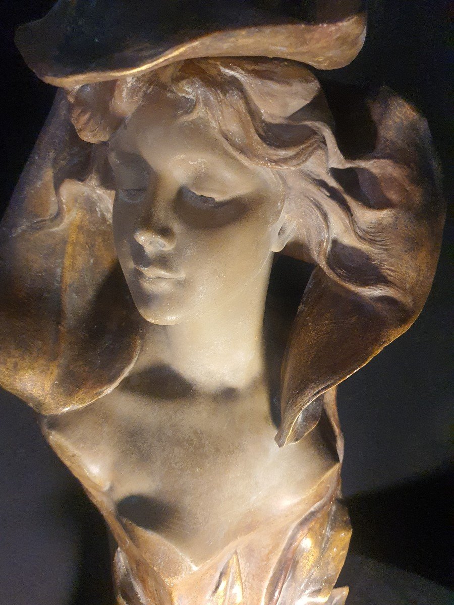 Buste Art Nouveau Femme Fleur Simon Montenave,Goldscheider.-photo-1