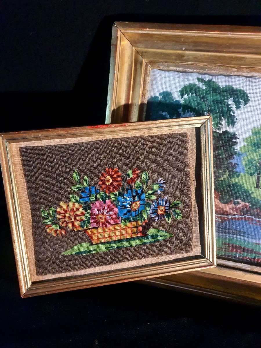 Bead Embroidery Table, Canvas, 19th Century. -photo-2