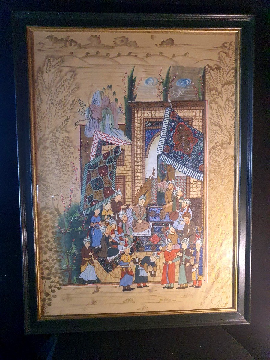 Grand Tableau Sujet Miniature Persanne, Iranienne. 