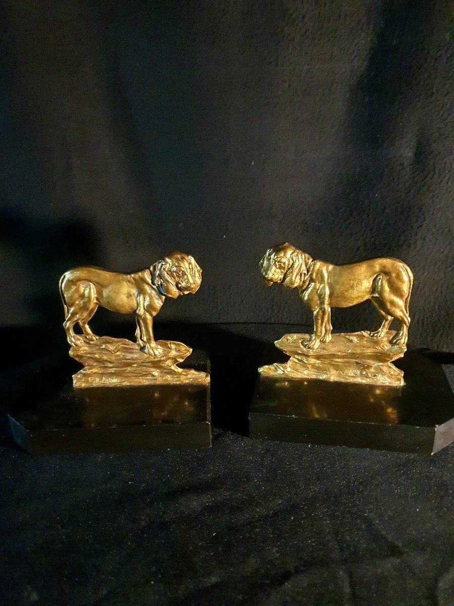 Bookends Pair Of Dogues Dogs Gilt Bronze, Art Deco 