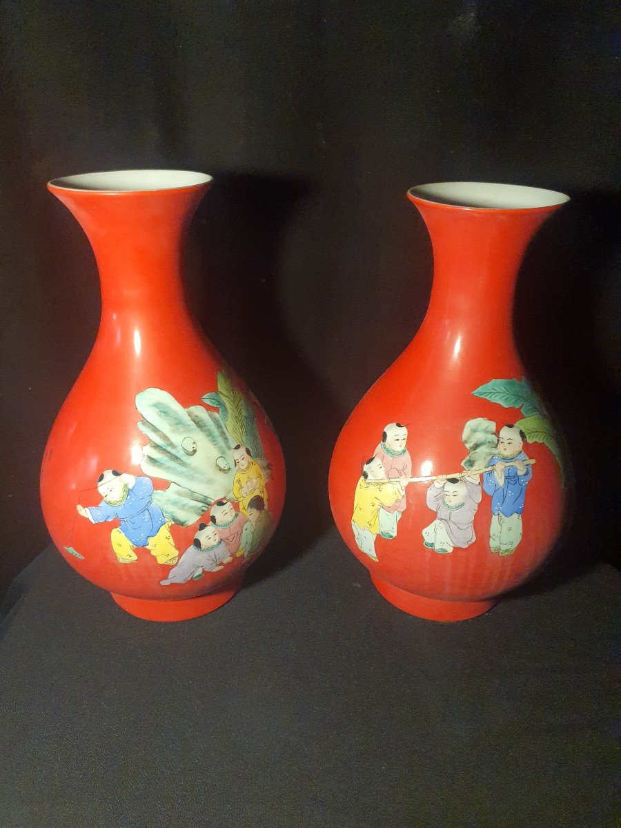 Paire De Vases Chine, Fond Corail.-photo-2