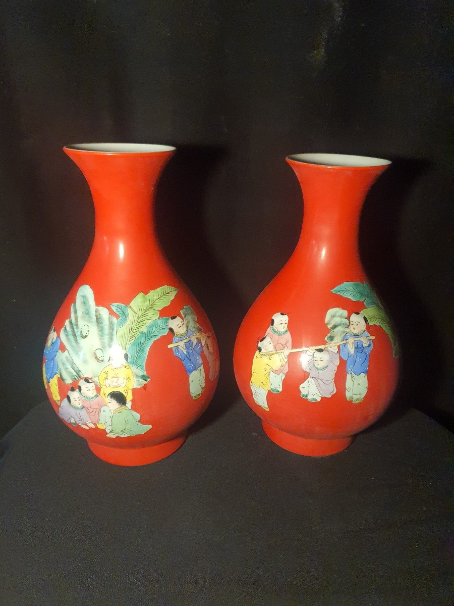 Paire De Vases Chine, Fond Corail.-photo-3