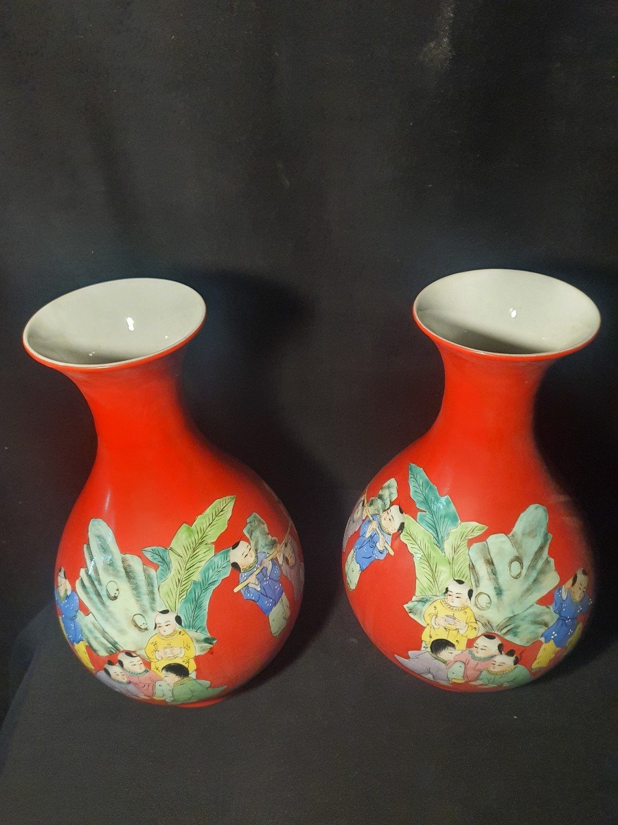 Paire De Vases Chine, Fond Corail.-photo-4