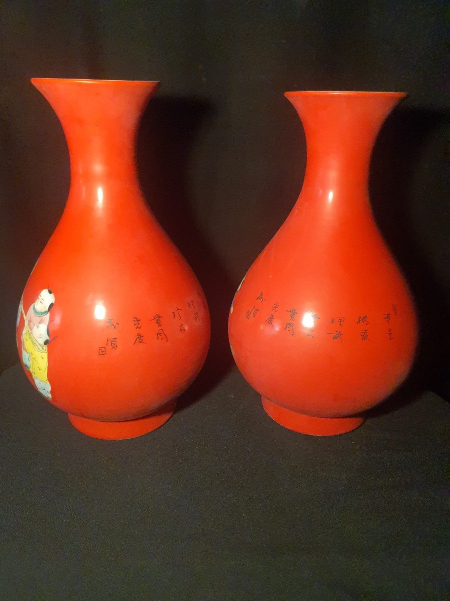 Paire De Vases Chine, Fond Corail.-photo-2