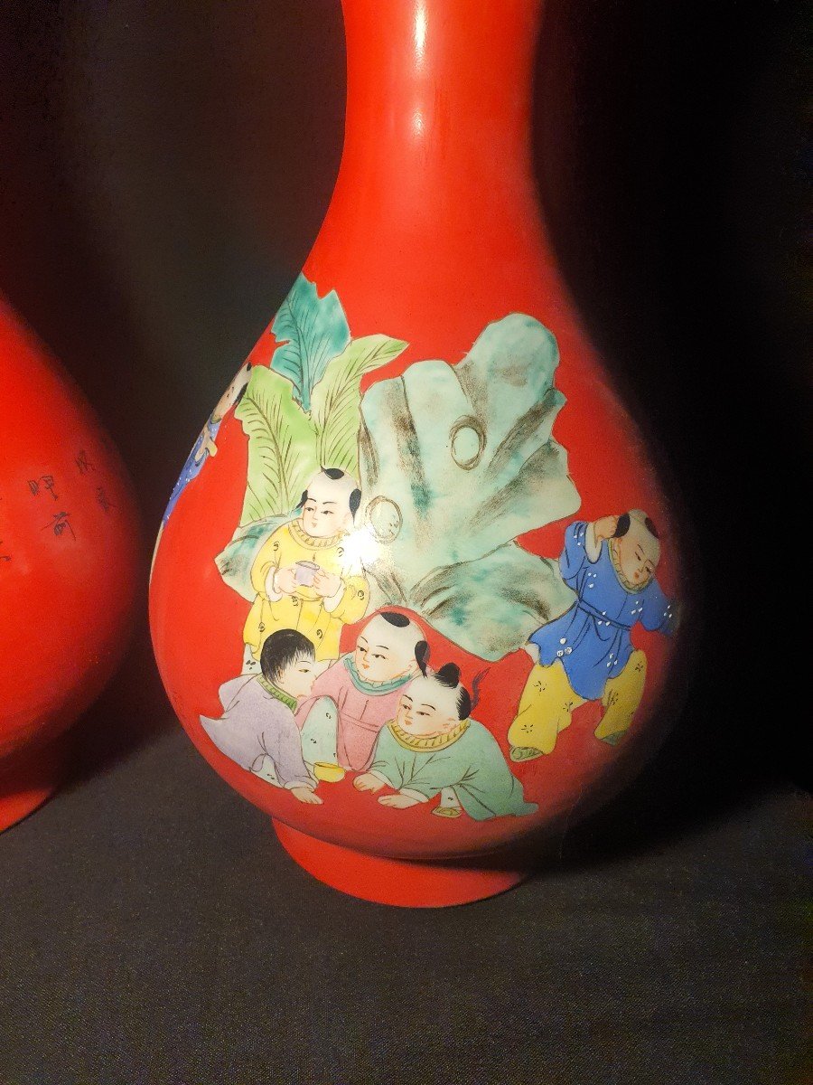 Paire De Vases Chine, Fond Corail.-photo-3