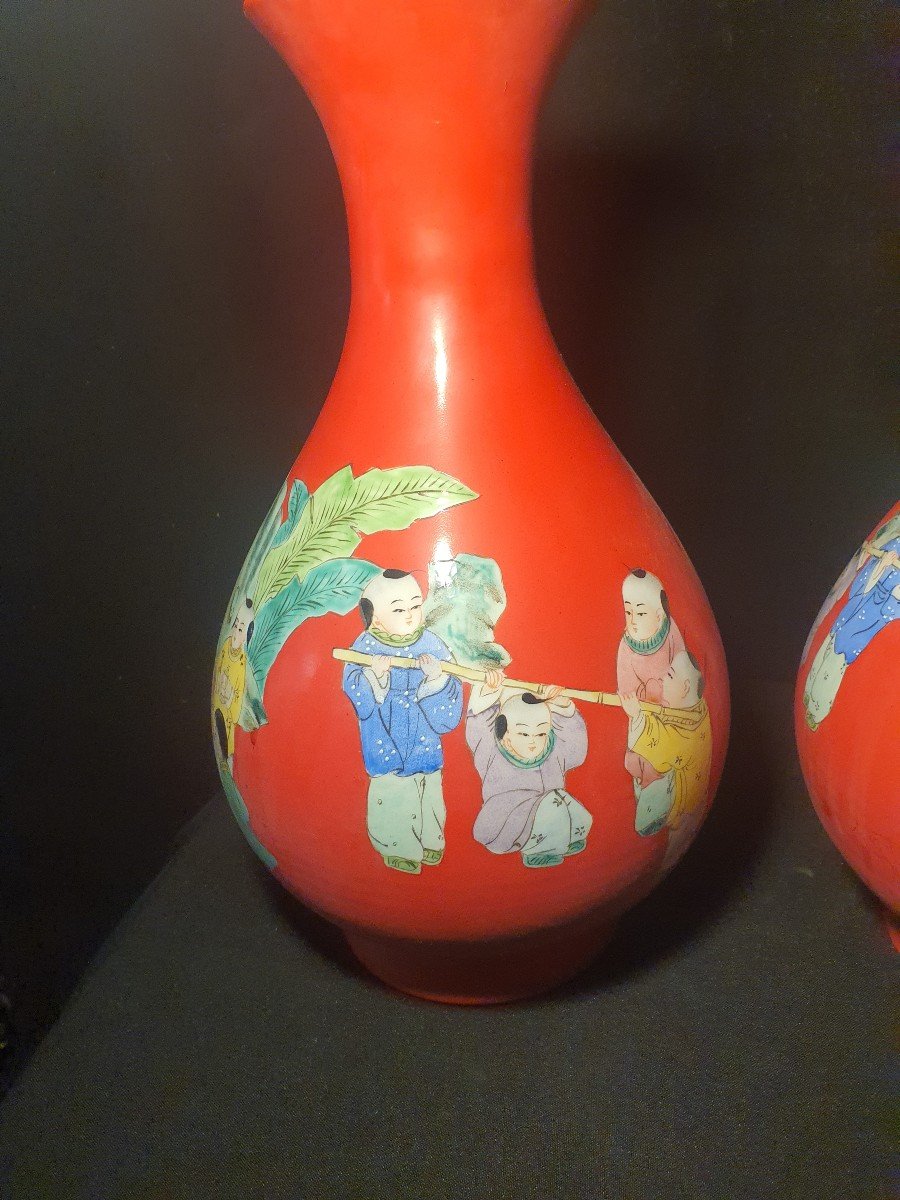 Paire De Vases Chine, Fond Corail.-photo-4