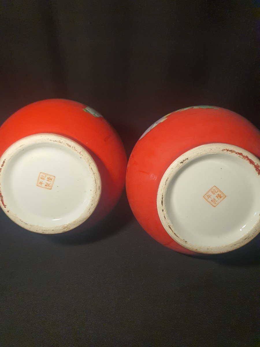 Paire De Vases Chine, Fond Corail.-photo-6