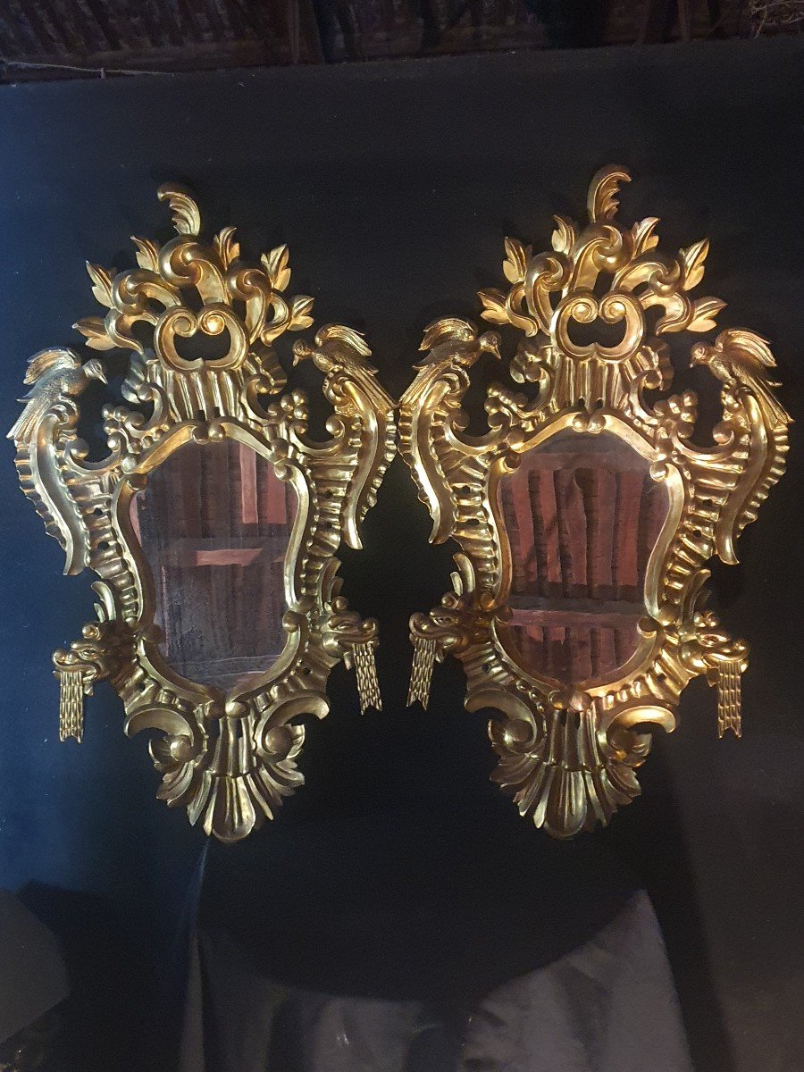 Pair Of Louis XV Mirrors, Baroque Gilded Wood Italy, Provence 18th Century. 