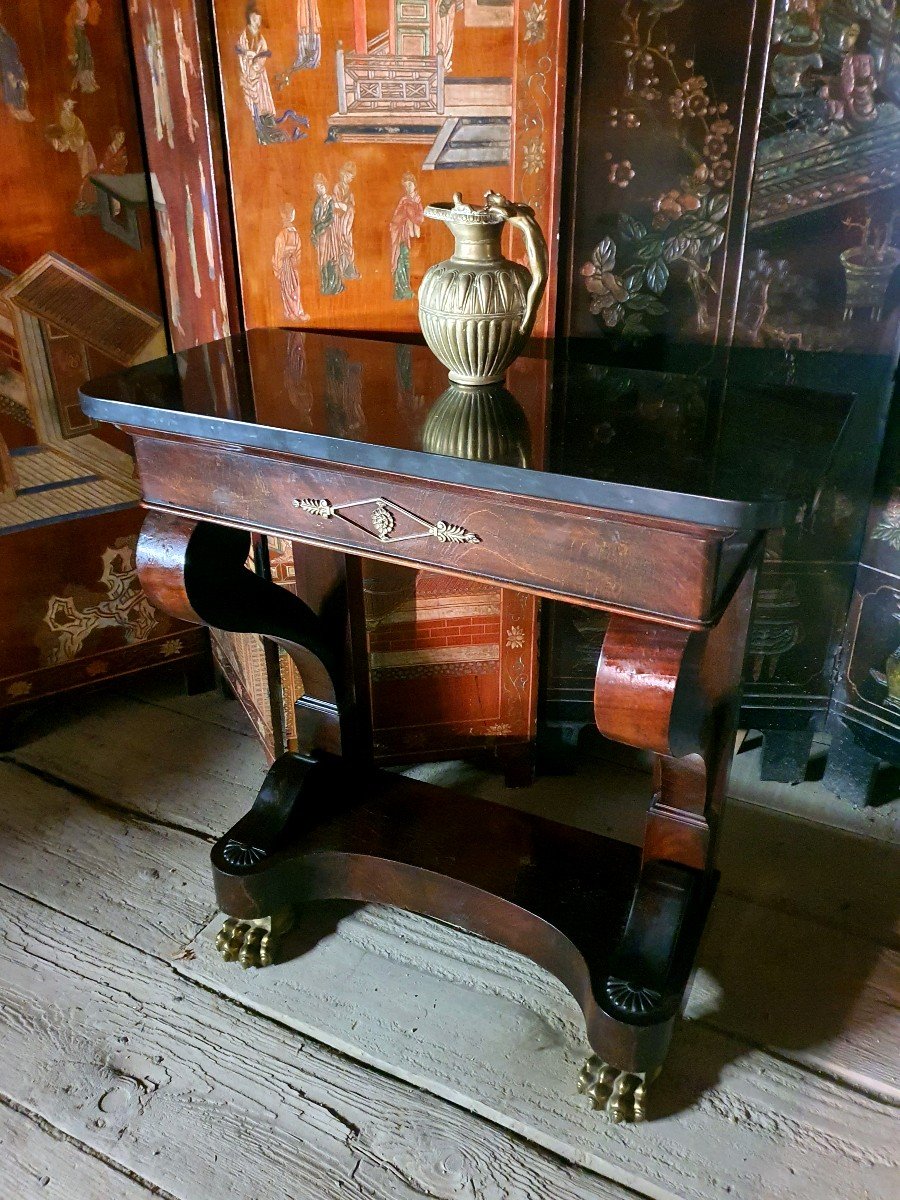 Petite Console Premier Empire Acajou Et Bronze Doré. 