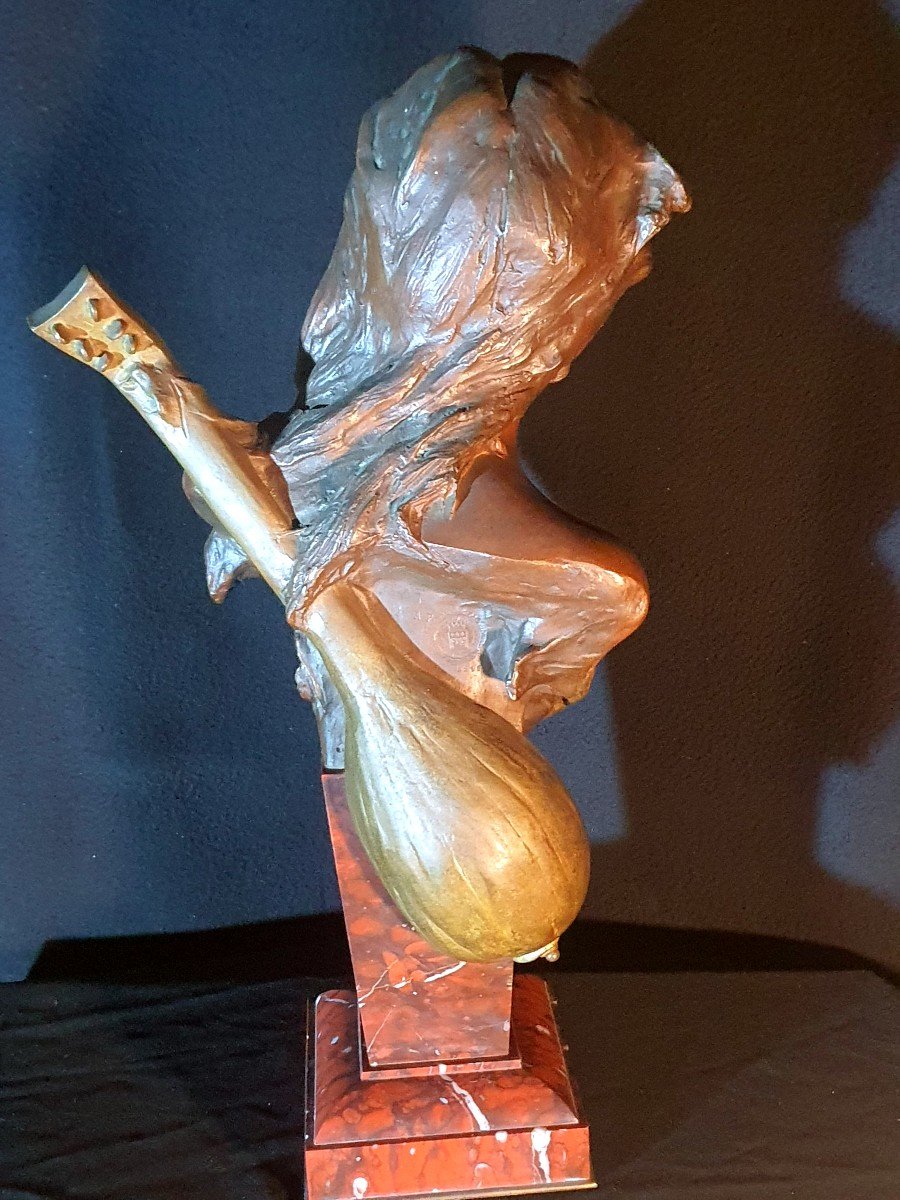 Bronze Sculpture Woman Musician Mandolin Art Nouveau Van Der Straeten.-photo-2