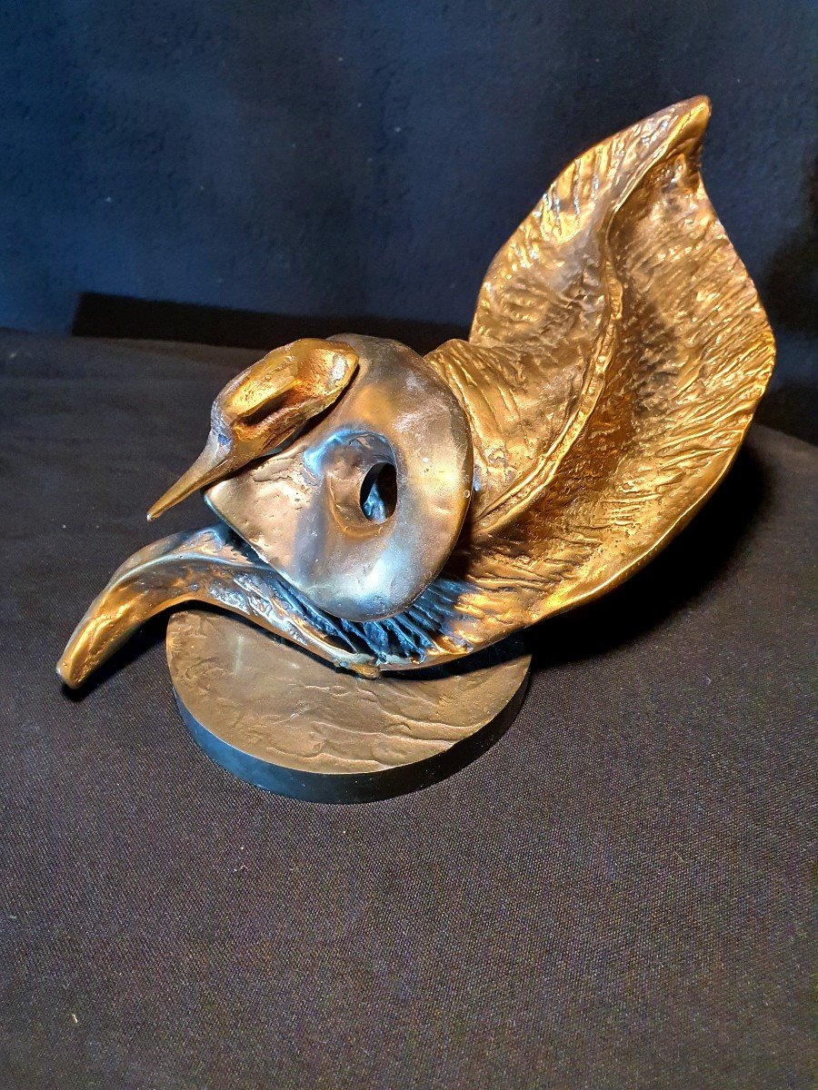 Bronze Sculpture Yves Lohé Mask And Bird. -photo-2