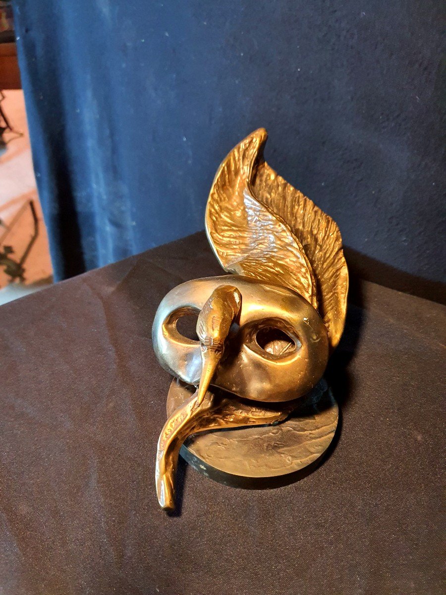 Bronze Sculpture Yves Lohé Mask And Bird. -photo-2