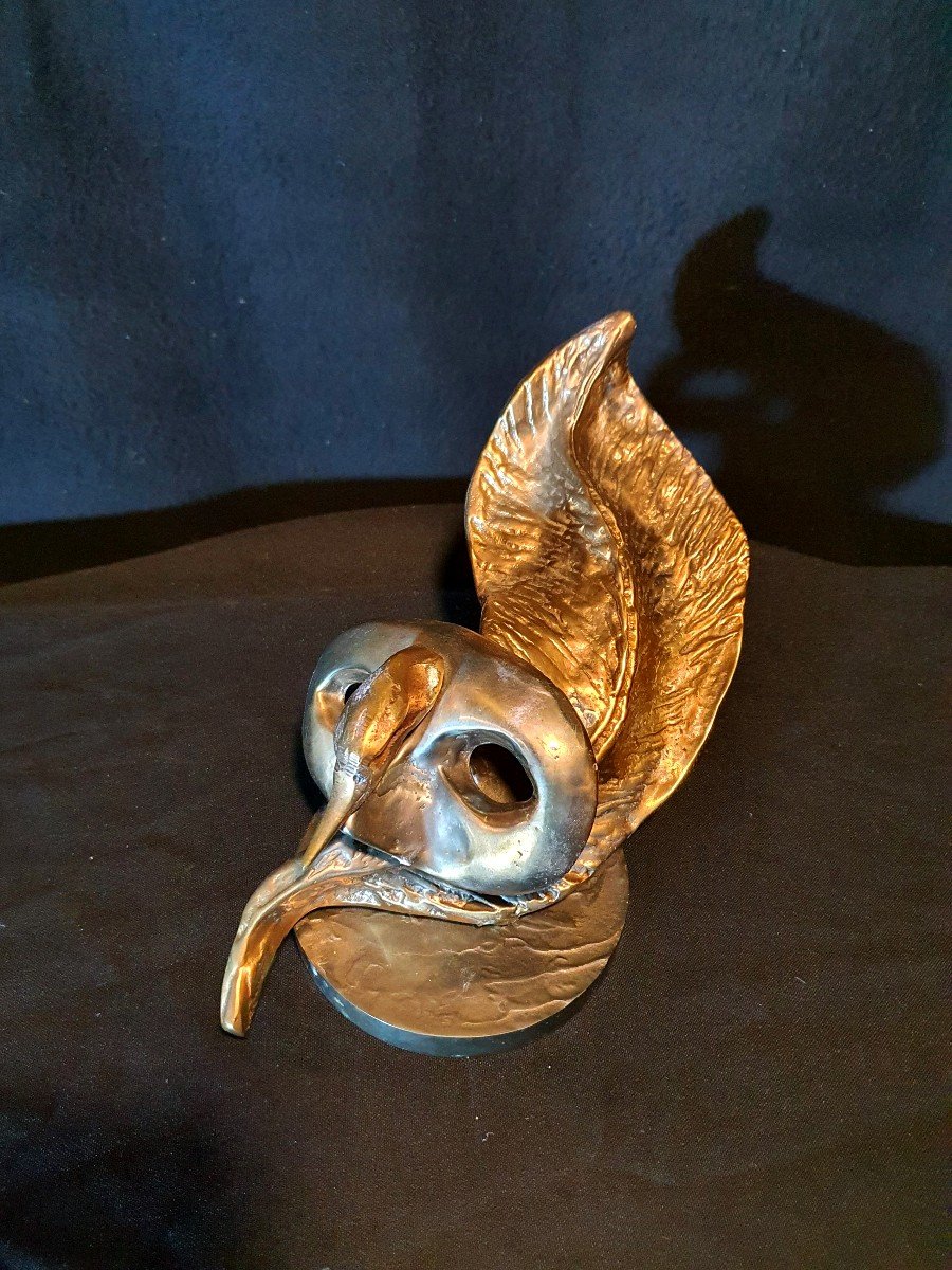 Bronze Sculpture Yves Lohé Mask And Bird. 