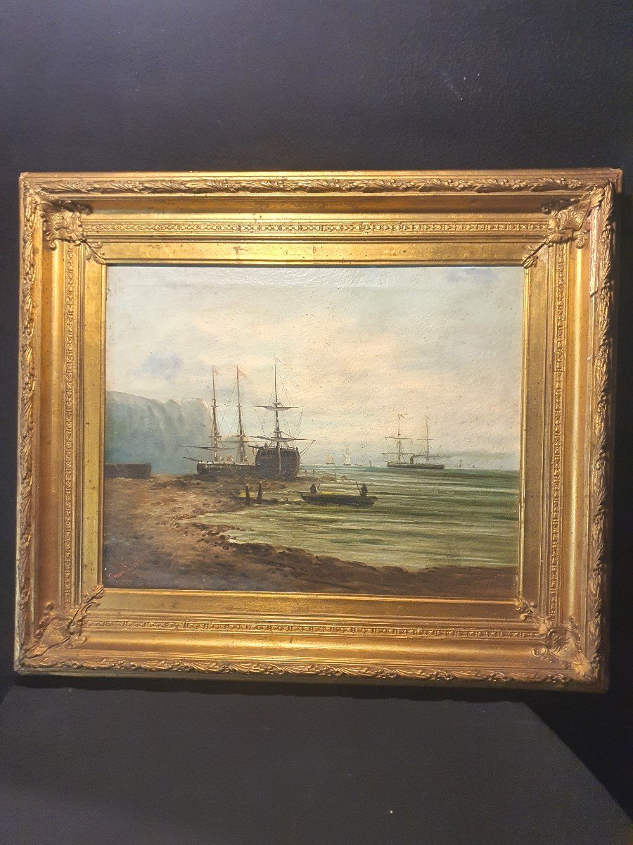 Tableau Marine XIX Siècle Voiliers ,vapeur.côte Normandie. 