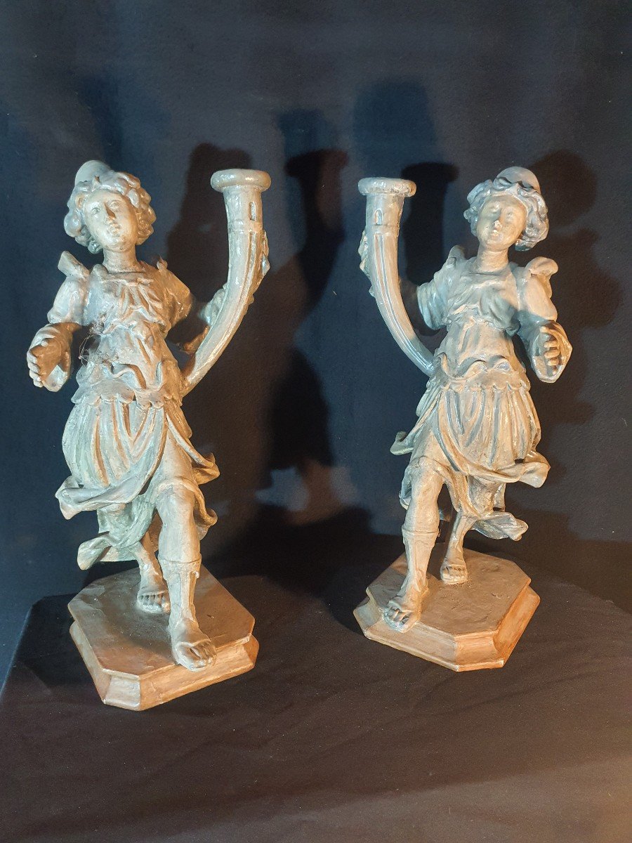 Pair Of Torchieres Wood Sculpture Angels XVIII Century. Italy Provence. -photo-2