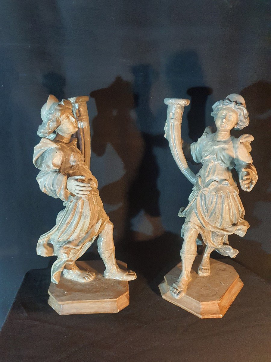 Pair Of Torchieres Wood Sculpture Angels XVIII Century. Italy Provence. -photo-3