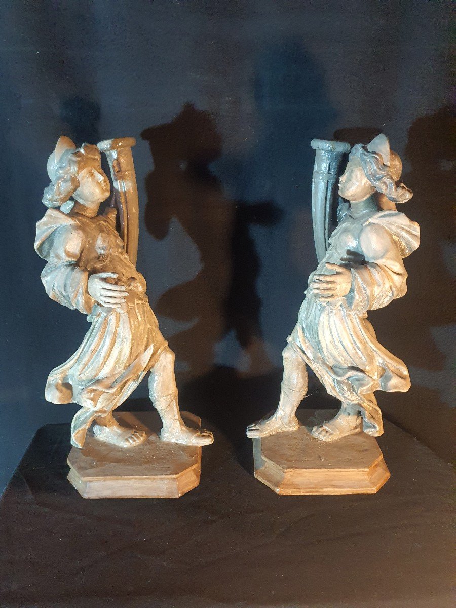 Pair Of Torchieres Wood Sculpture Angels XVIII Century. Italy Provence. -photo-4