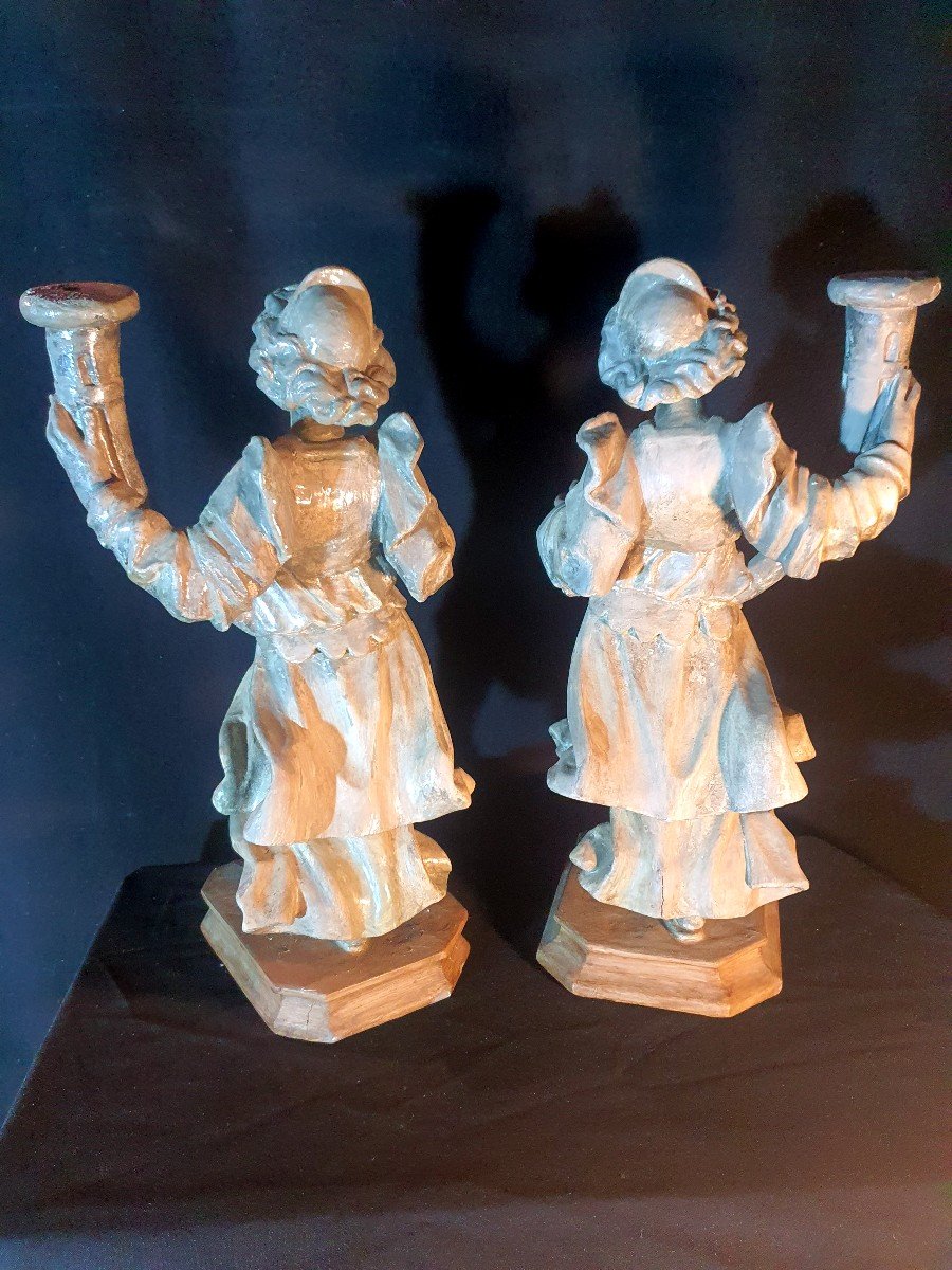 Pair Of Torchieres Wood Sculpture Angels XVIII Century. Italy Provence. -photo-2