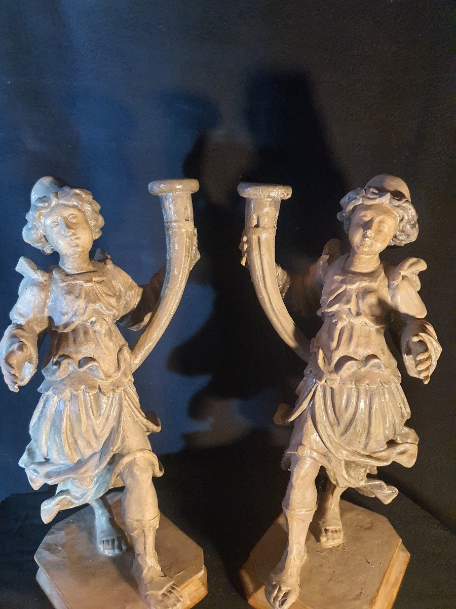 Pair Of Torchieres Wood Sculpture Angels XVIII Century. Italy Provence. -photo-5