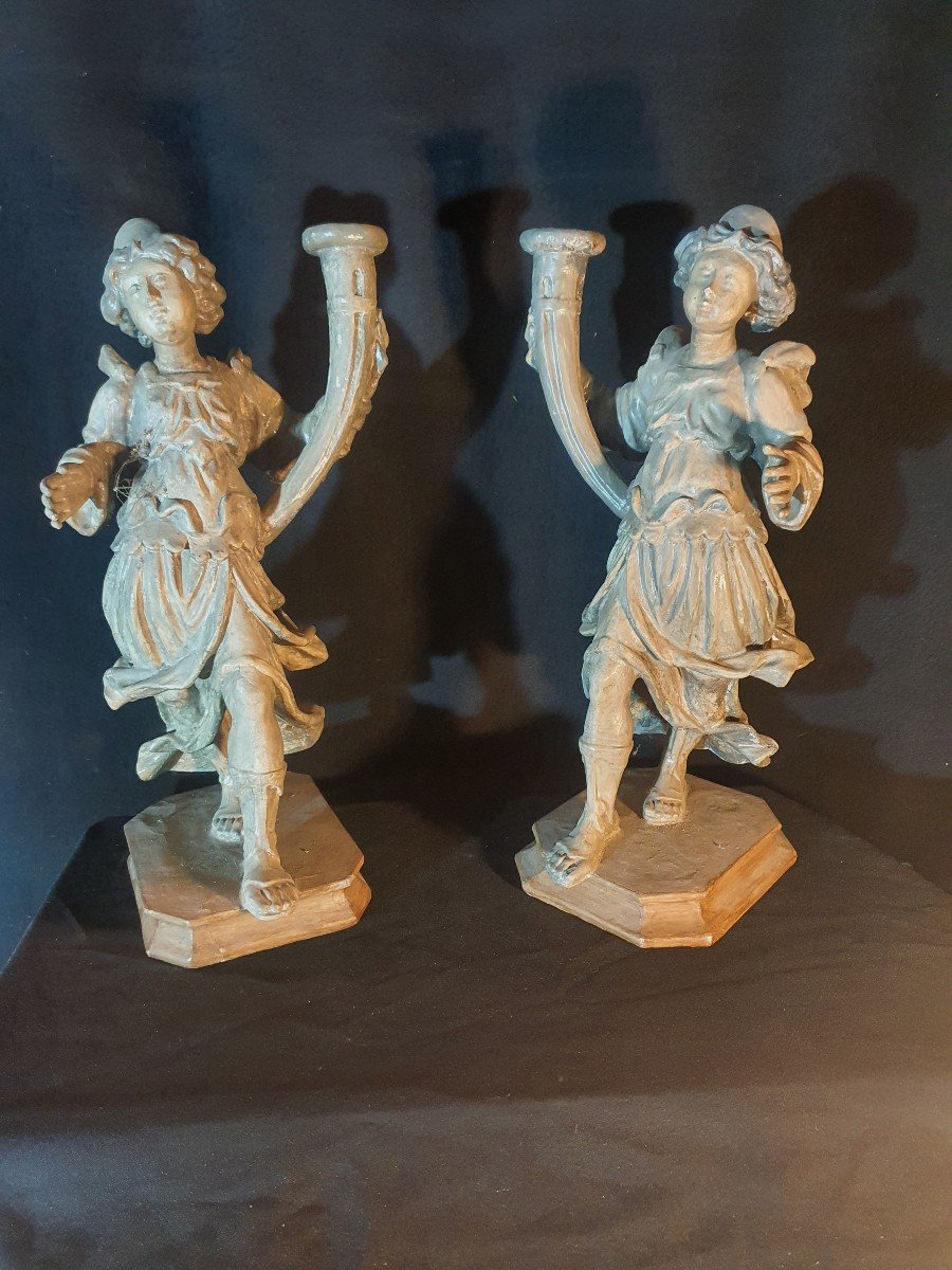 Pair Of Torchieres Wood Sculpture Angels XVIII Century. Italy Provence. 