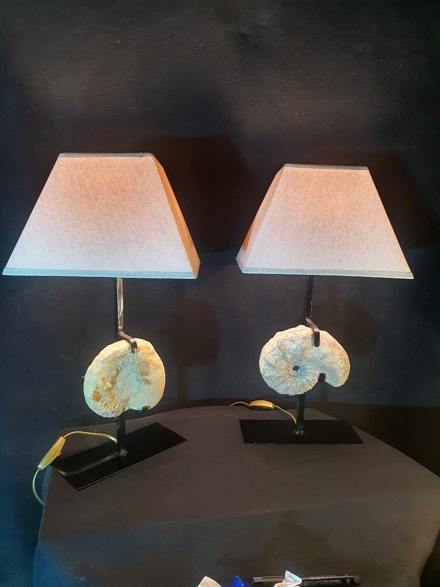 Pair Of Vintage Hollywood Regency Fossil Lamps By Willy Daro.-photo-2