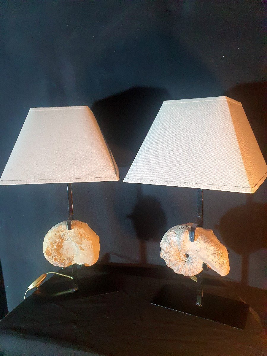 Paire De Lampes Vintage Hollywood Regency Fossiles Goût Willy Daro.-photo-2