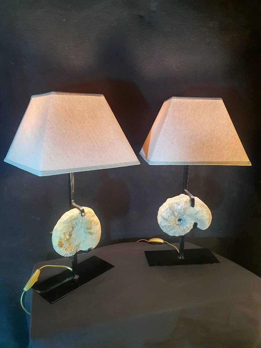 Pair Of Vintage Hollywood Regency Fossil Lamps By Willy Daro.