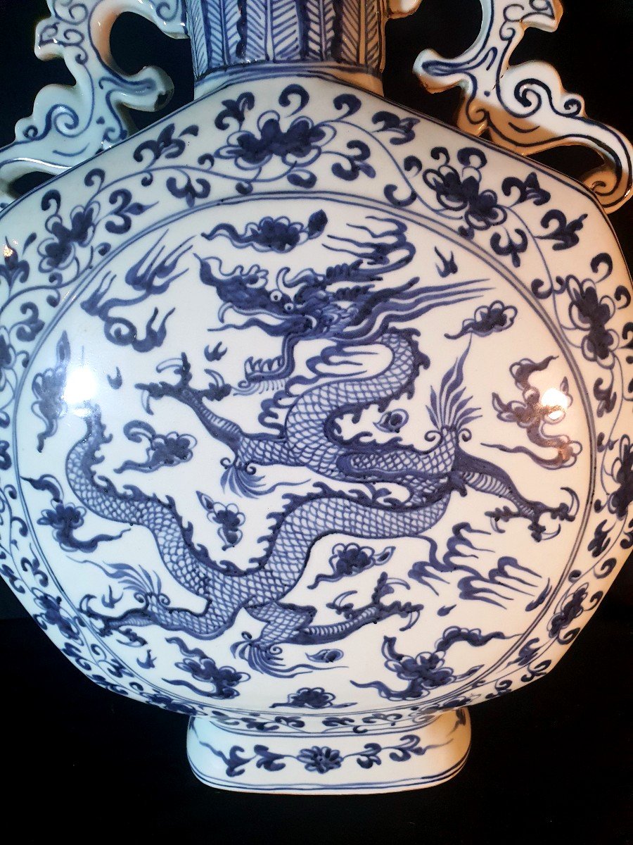 Grand Vase Gourde Porcelaine Chine Décor Quianlong, Dragons. -photo-2