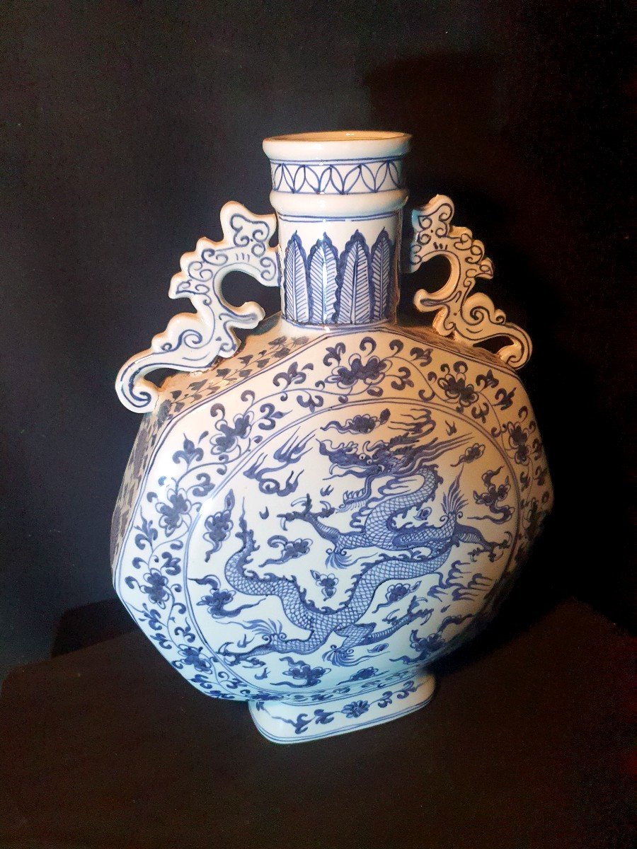 Grand Vase Gourde Porcelaine Chine Décor Quianlong, Dragons. -photo-3