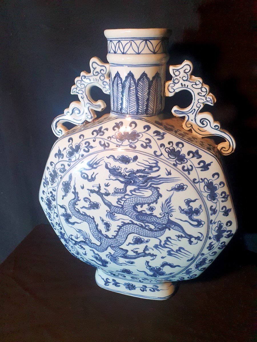 Grand Vase Gourde Porcelaine Chine Décor Quianlong, Dragons. -photo-4