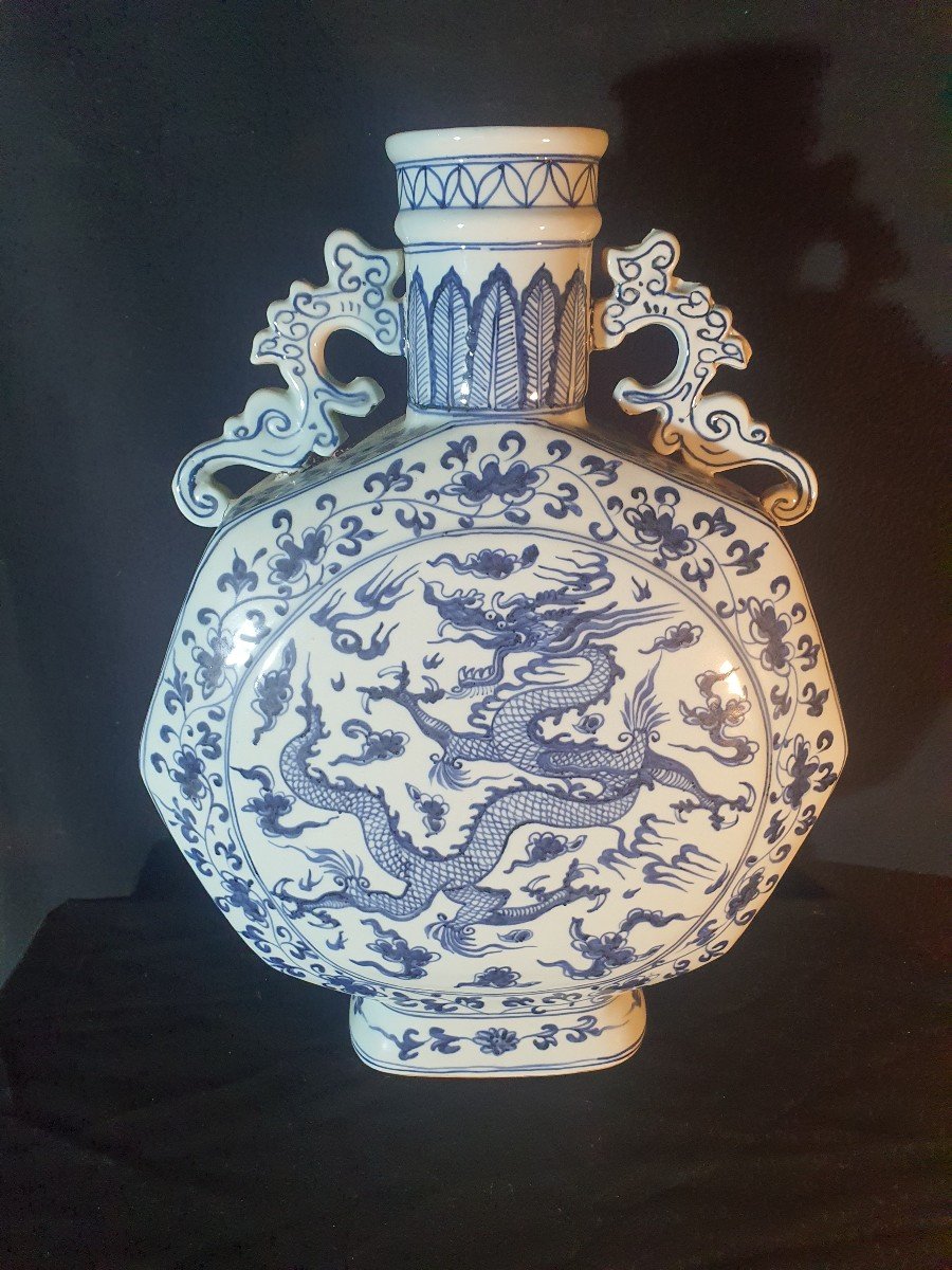 Grand Vase Gourde Porcelaine Chine Décor Quianlong, Dragons. 