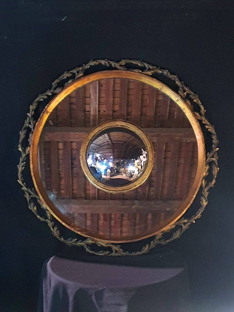 Large Double Convex Witch Mirror In Golden Wood. -photo-2