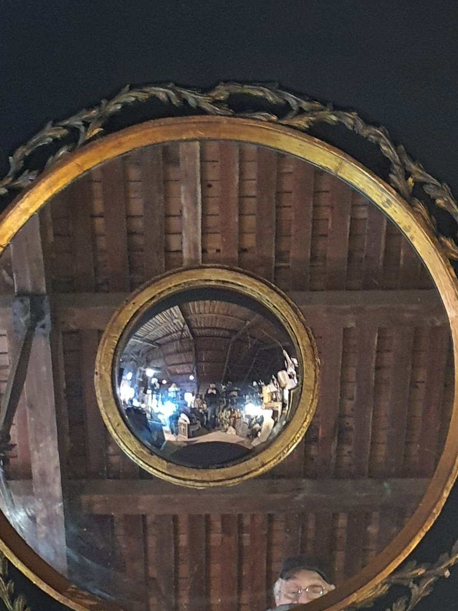 Large Double Convex Witch Mirror In Golden Wood. -photo-4