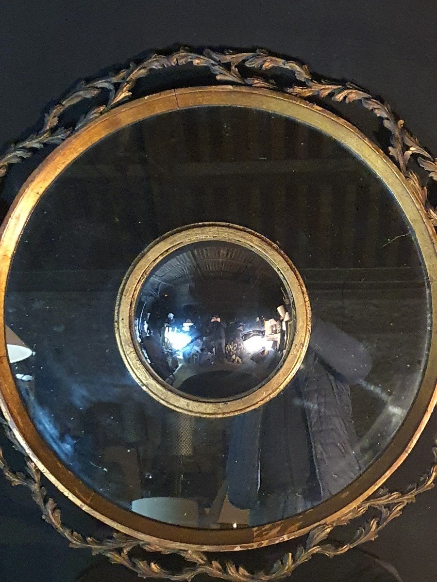 Large Double Convex Witch Mirror In Golden Wood. -photo-3