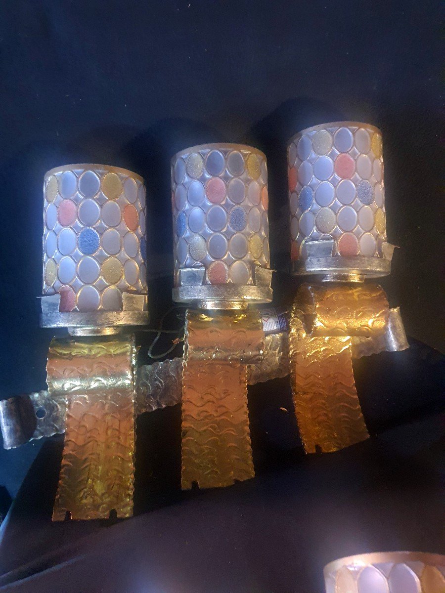 Pair Of Golden Wall Lights With Polychrome Glass Paste.-photo-2