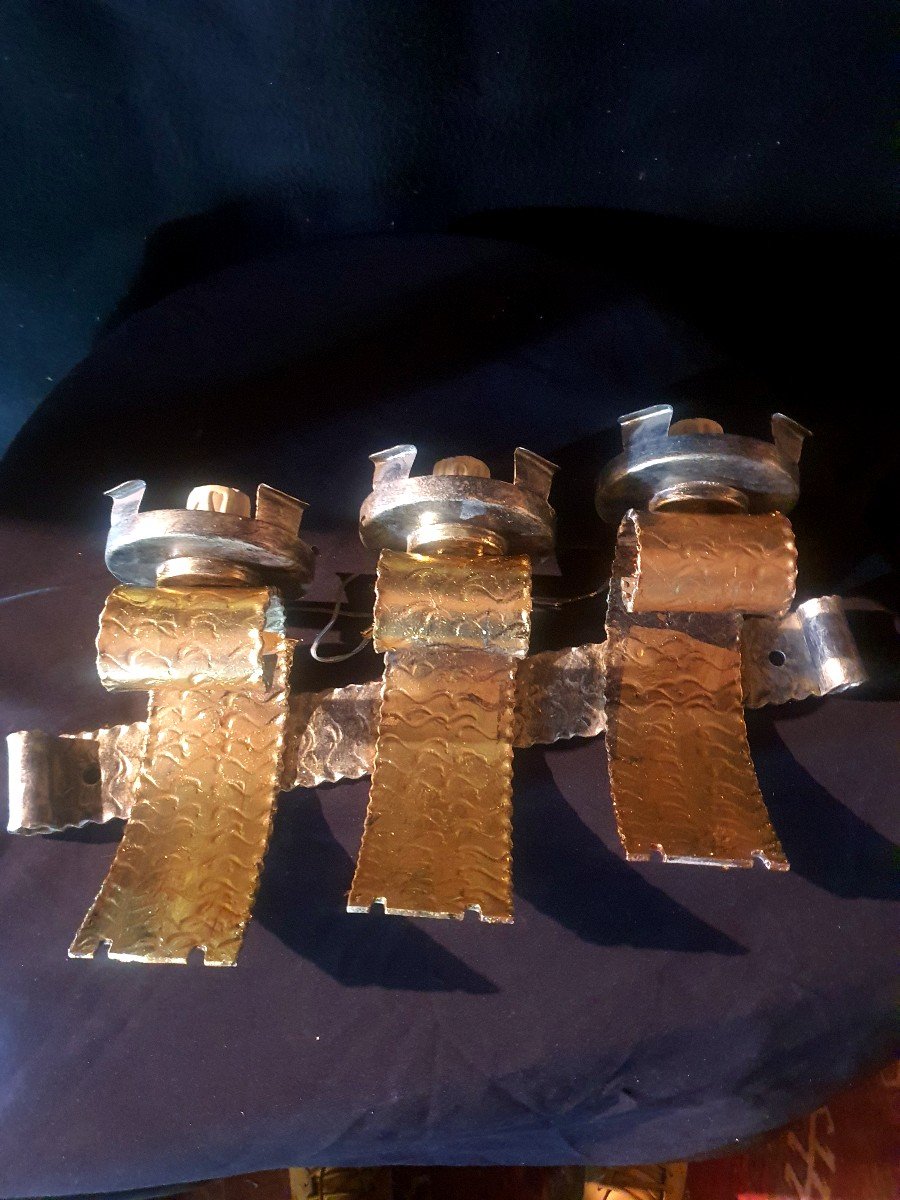 Pair Of Golden Wall Lights With Polychrome Glass Paste.-photo-3