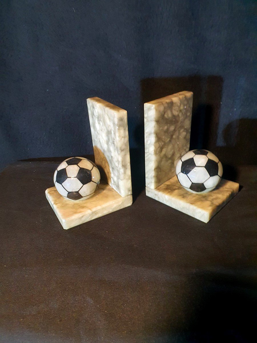 Pair Of Football, Sport, Marble Bookends.-photo-2