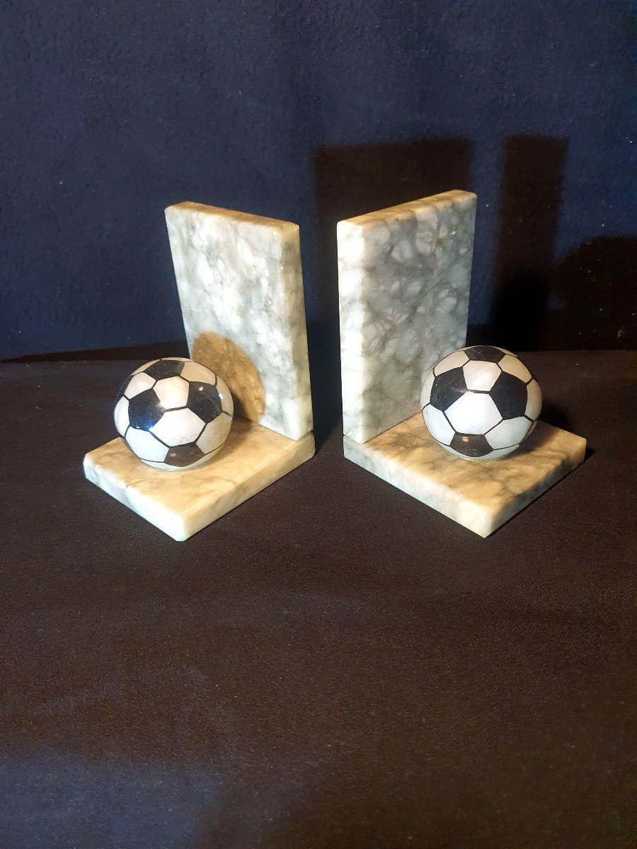 Pair Of Football, Sport, Marble Bookends.-photo-3