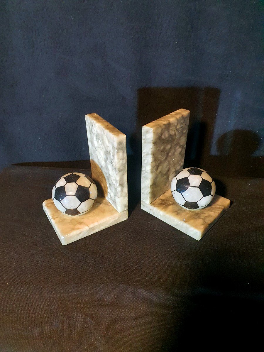 Pair Of Football, Sport, Marble Bookends.