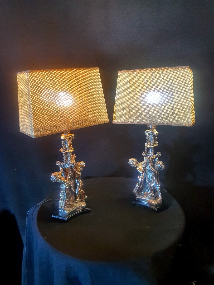 Pair Of Silver Cherub Angel Lamps.-photo-2