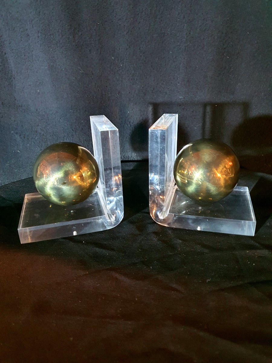 Pair Of Modernist Bookends, Lucite, Art Deco Style, Jansen Spirit-photo-2