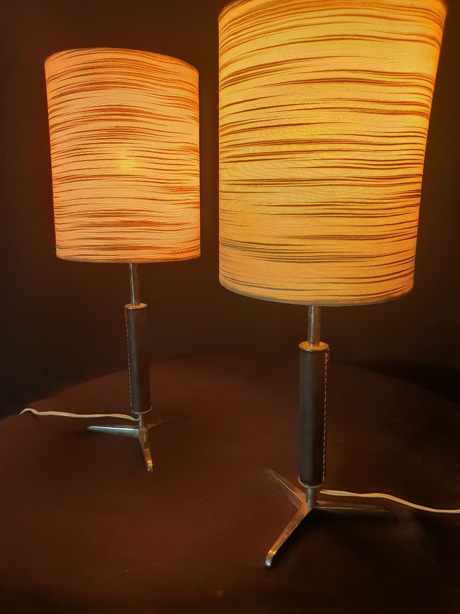 Pair Of Saddle Stitched Leather Lamps By Jacques Adnet. -photo-2