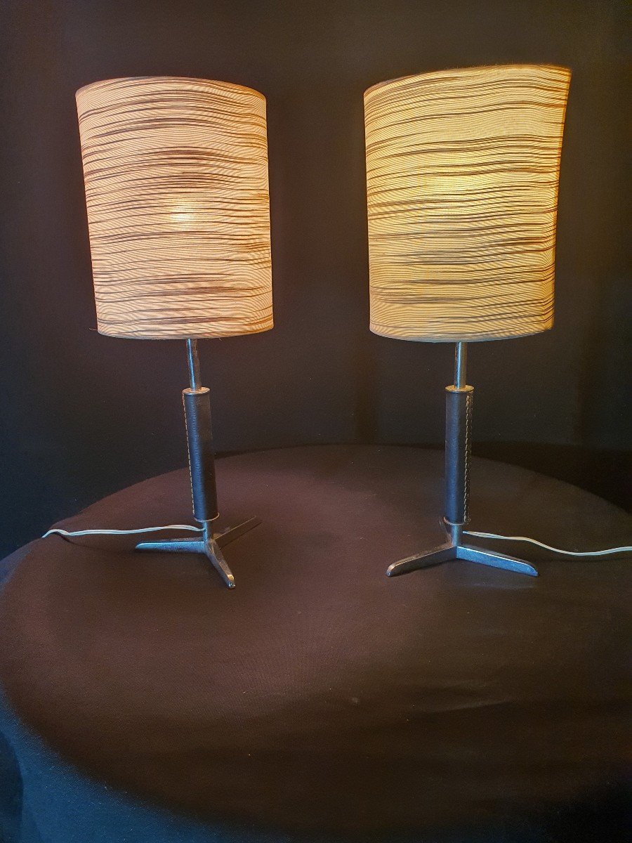 Pair Of Saddle Stitched Leather Lamps By Jacques Adnet. -photo-3